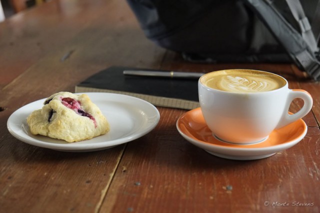 Blueberry scone and latte