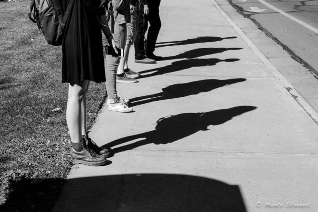 Shadows of students waiting at the bus stop